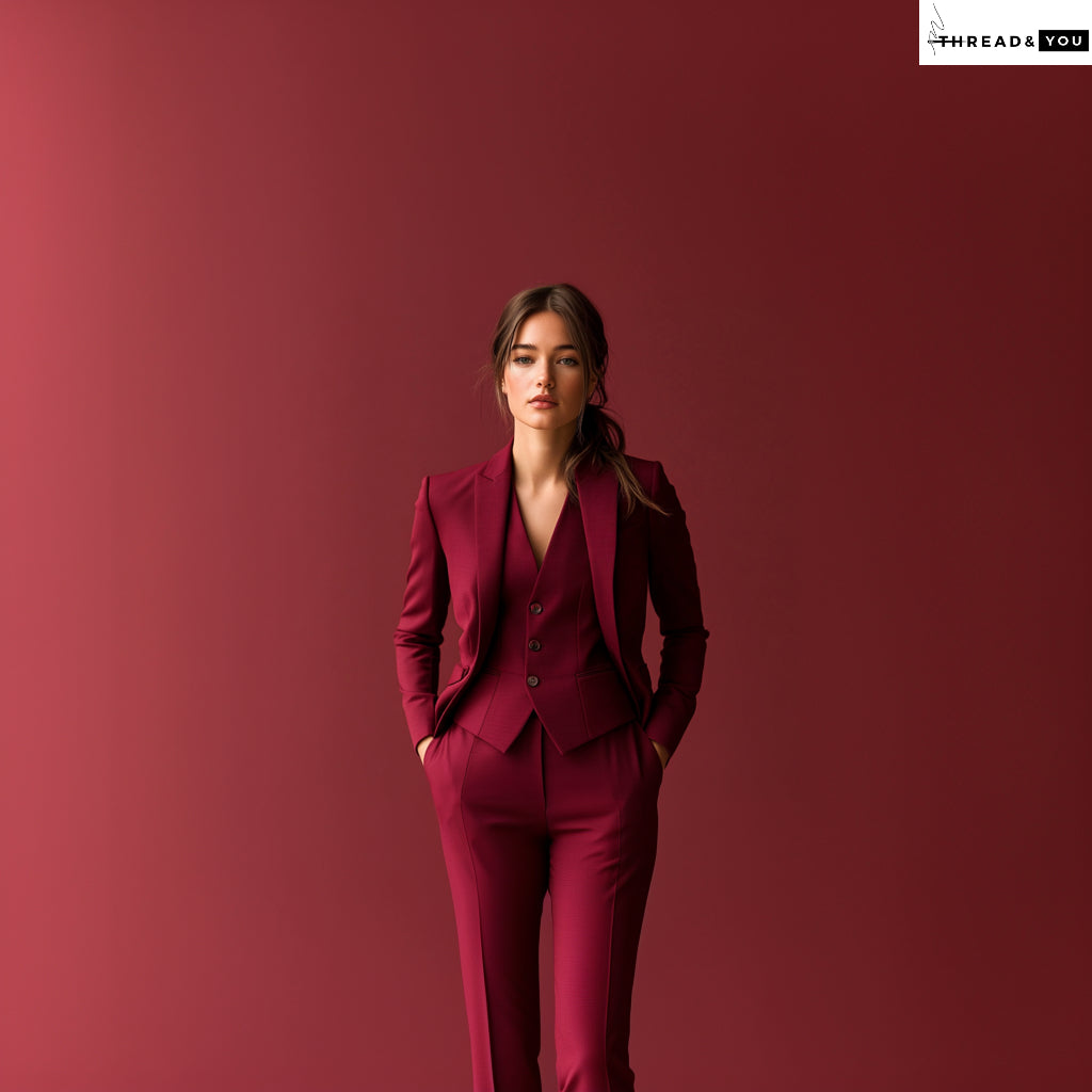Burgundy 3-Piece Women’s Suit with Peak Lapel Blazer & Tailored Vest – Premium Rayon