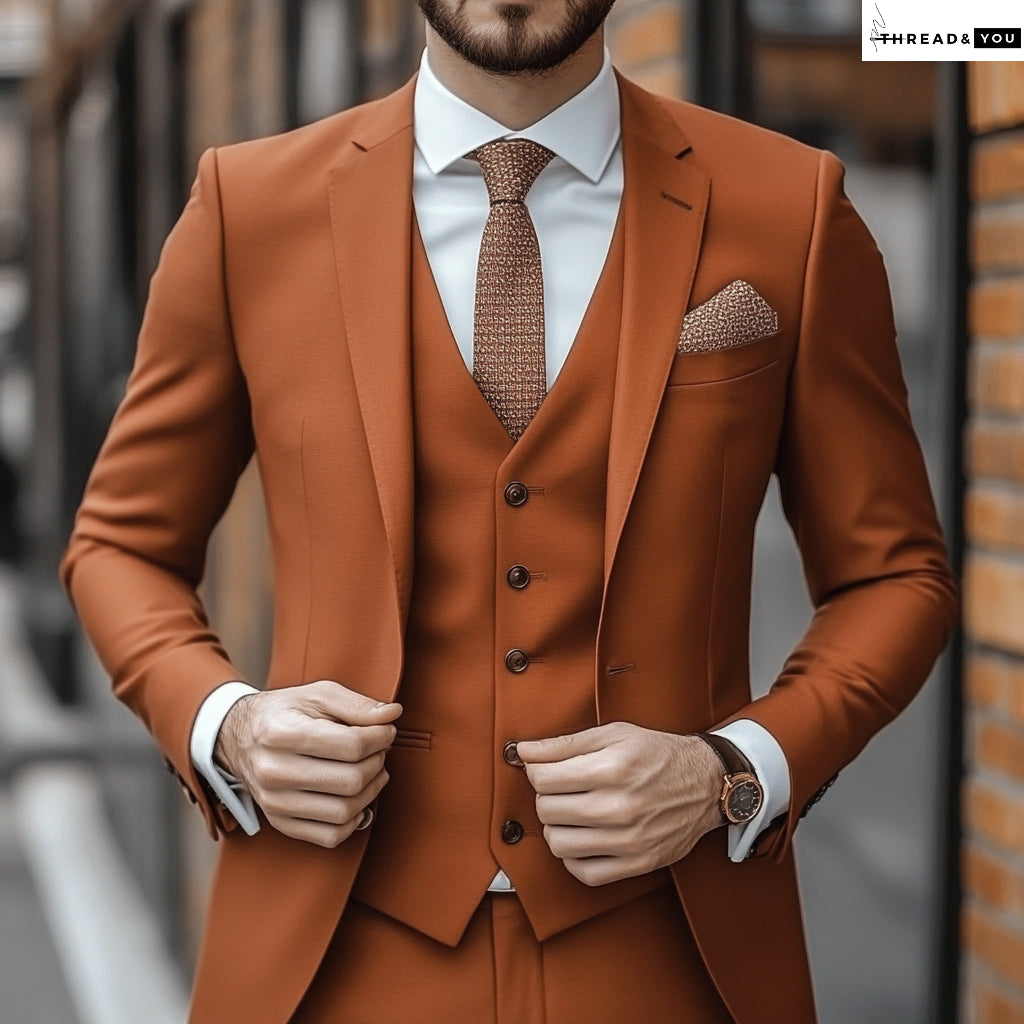 Custom Cinnamon brown Three-Piece Suit | Slim Fit Men's Formal Wear | Wedding & Business Attire