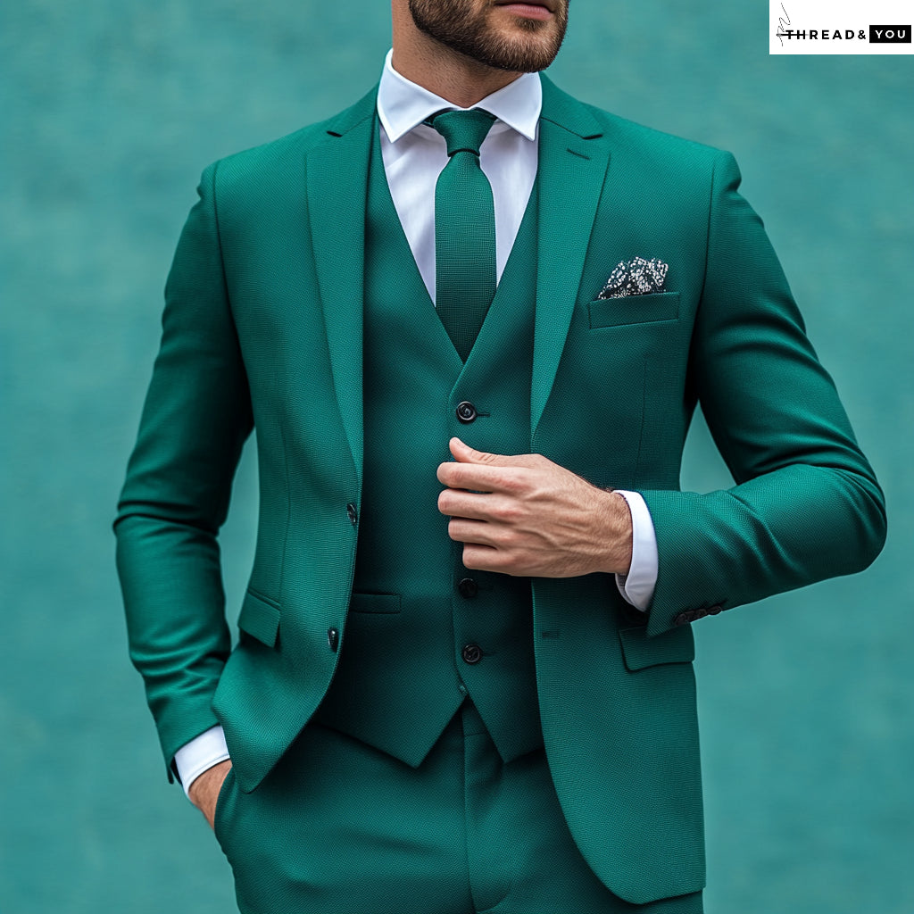 Teal Green Slim Fit Three-Piece Suit – Notch Lapel, Custom Tailoring & Premium Comfort