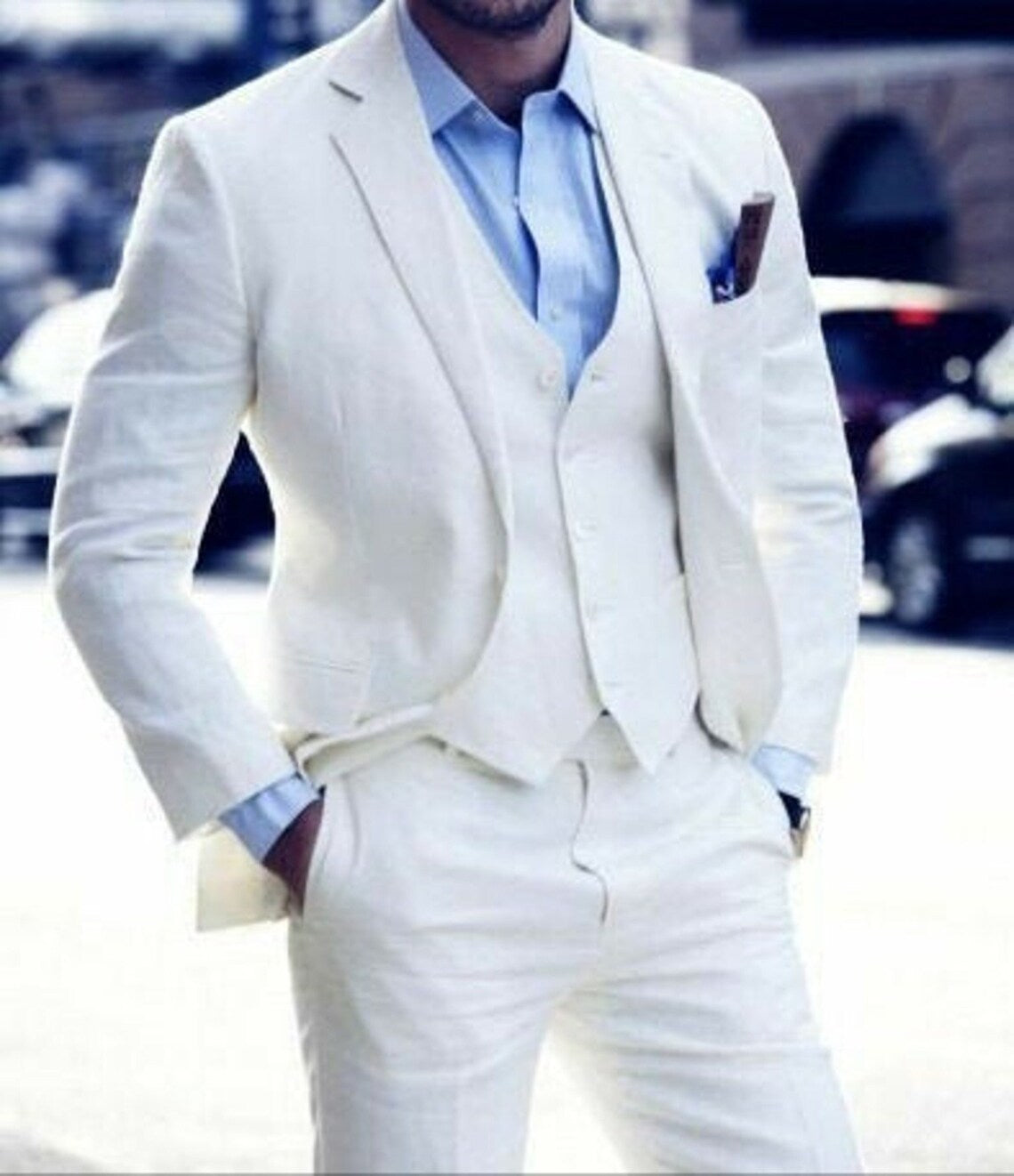 White Slim Fit Three-Piece Suit – Perfectly Tailored with Notch Lapel and Premium Rayon Fabric
