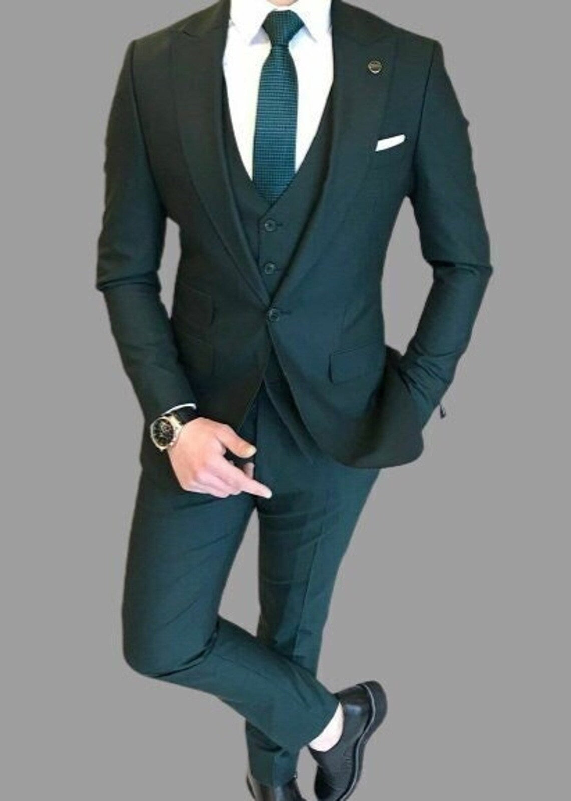 Teal Green Slim Fit Three-Piece Suit – Premium Rayon with Peak Lapel and Custom Fit