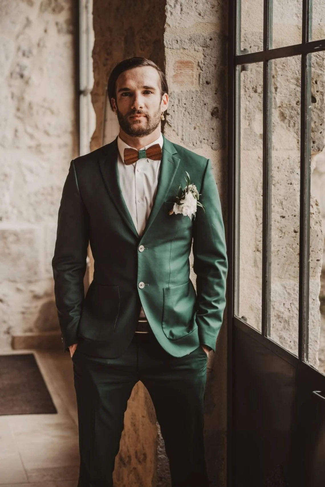 Hunter Green Slim Fit Two-Piece Suit with Notch Lapel Patch Pockets