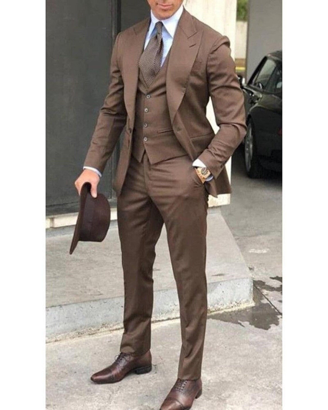 Chocolate Brown Slim Fit Three-Piece Suit with Wide Peak Lapel