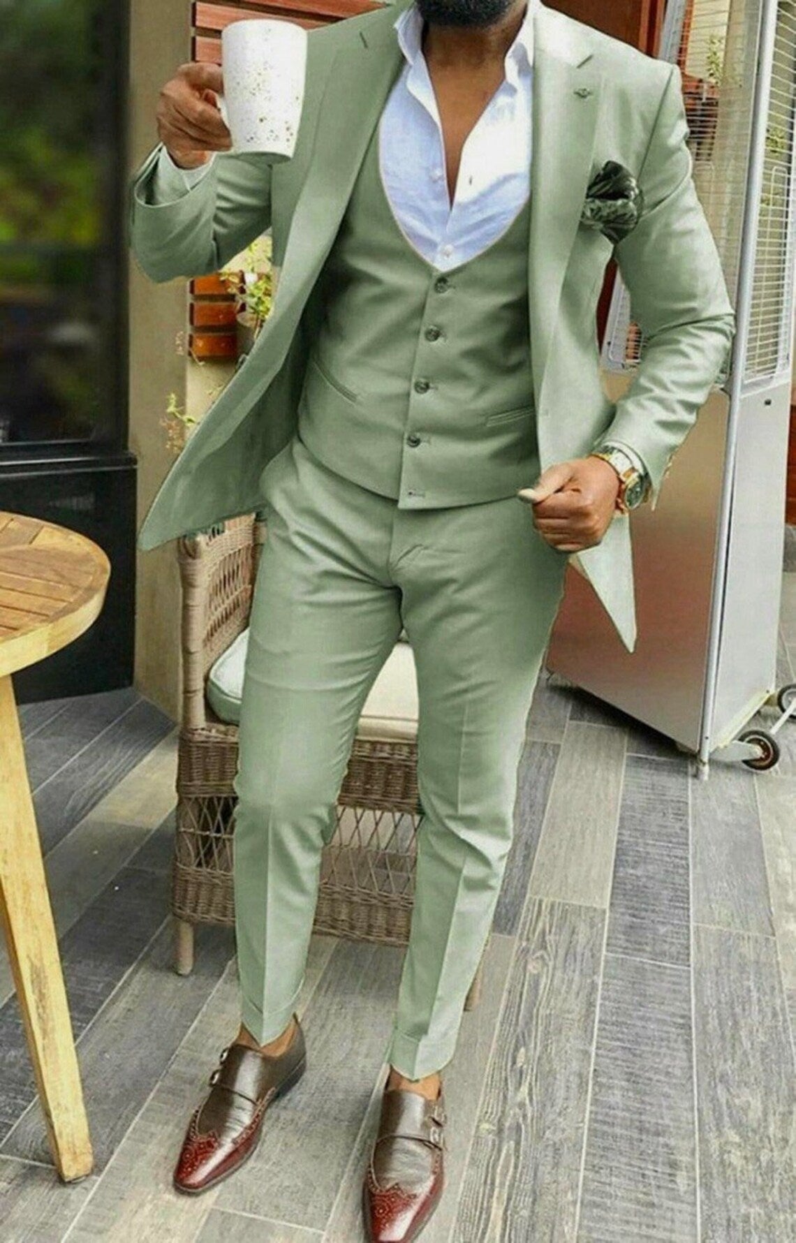 Sage Green Slim Fit Three-Piece Suit with Notch Lapel & Tailored Waistcoat – A Statement in Style