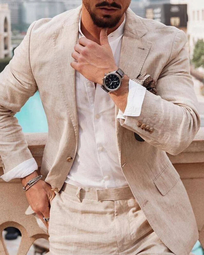 Beige Linen Slim Fit Suit with Surgeon Cuffs – Perfectly Tailored for Summer Elegance