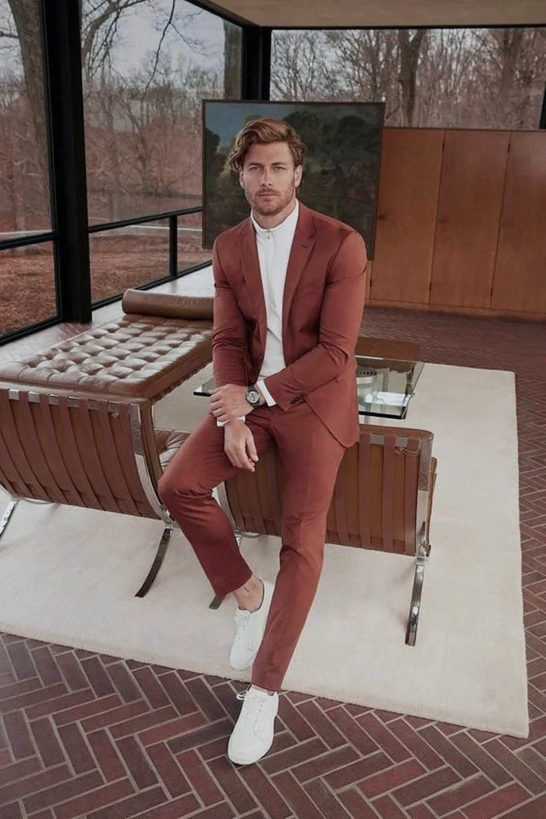 Terracotta Slim Fit Two-Piece Suit: Effortless Style and Precision Tailoring