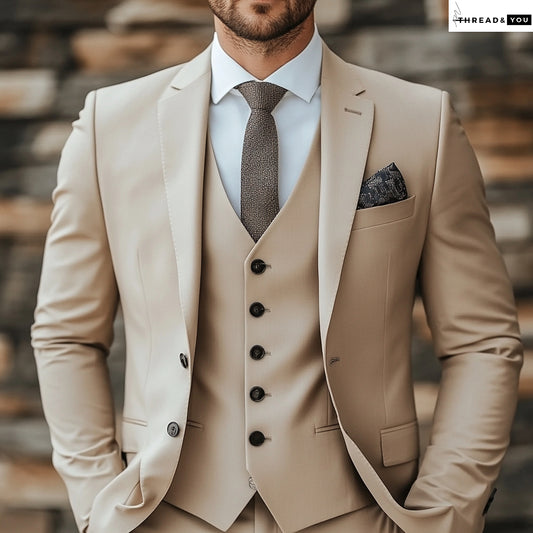 Men's Stylish Beige Three-Piece Suit – Perfect for Weddings, Engagements, Anniversaries, Prom & Groomsmen