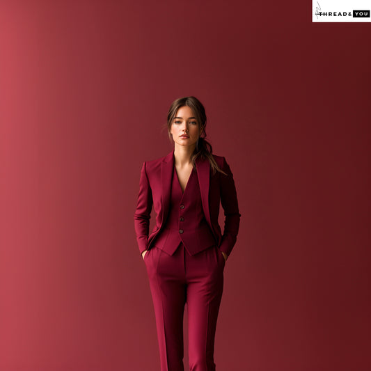 Burgundy 3-Piece Women’s Suit with Peak Lapel Blazer & Tailored Vest – Premium Rayon
