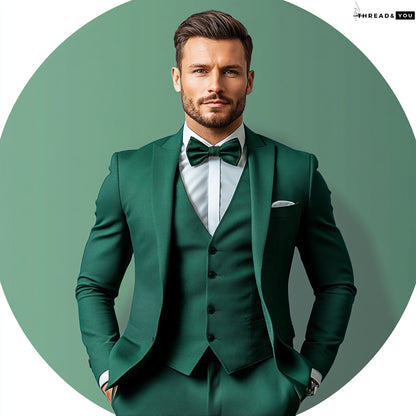 Emerald Green Three-Piece Suit for Men – Peak Lapel, Double Vents & Slim Fit with Silk-Lined Comfort