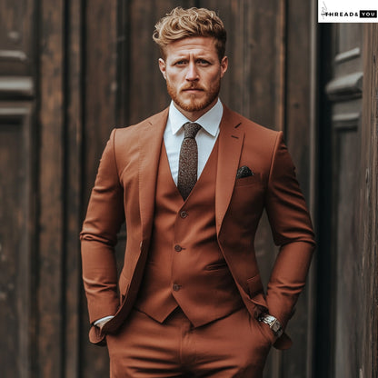 Rust Brown Slim-Fit Three-Piece Suit with Notch Lapel & Tailored Waistcoat - A Statement of Style