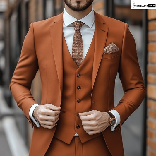 Custom Cinnamon brown Three-Piece Suit | Slim Fit Men's Formal Wear | Wedding & Business Attire