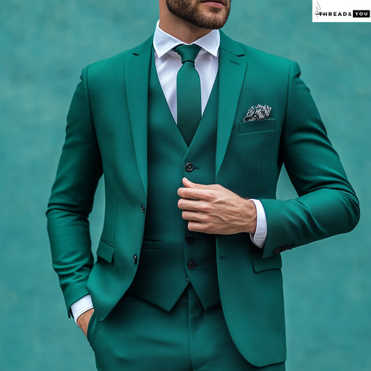 Teal Green Slim Fit Three-Piece Suit – Notch Lapel, Custom Tailoring & Premium Comfort