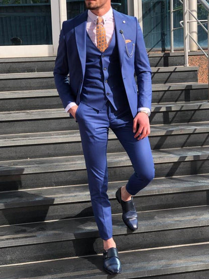 Cobalt Blue Slim Fit Three-Piece Suit – Peak Lapel | Silk Lining | Custom Fit