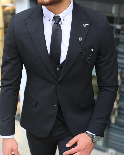 Matte Black Slim Fit Three-Piece Suit with Peak Lapel & V-Shaped Waistcoat