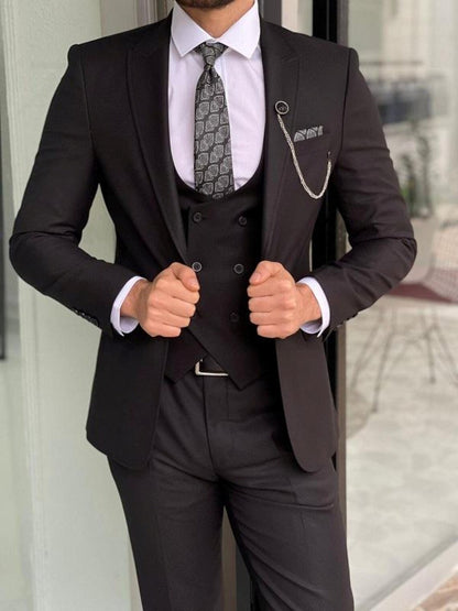 Black Slim Fit 3-Piece Suit – Peak Lapel & Double-Breasted Waistcoat for a Timeless Appeal