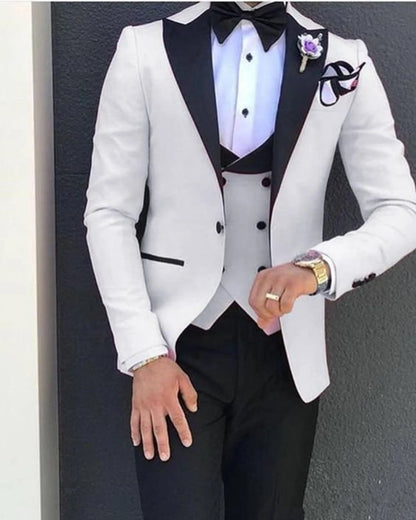 Black & White Slim Fit Three-Piece Suit – White Jacket & Vest with Black Satin Lapel and Trim