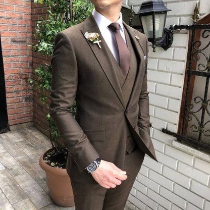 Cinnamon Brown Slim Fit 3-Piece Suit – Peak Lapel, 6-Button Waistcoat & Luxurious Silk Lining
