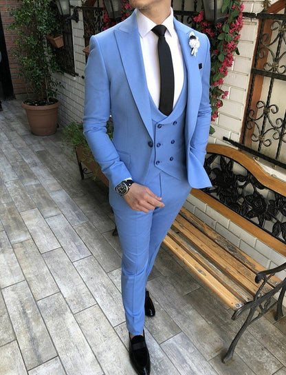 Sapphire Blue Slim Fit Three-Piece Suit with Peak Lapel and Double-Breasted Waistcoat