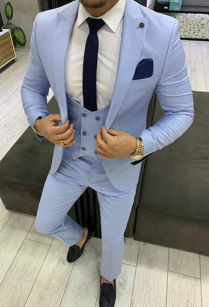 Refined Powder Blue Slim Fit Three-Piece Suit – Timeless Elegance for the Modern Gentleman