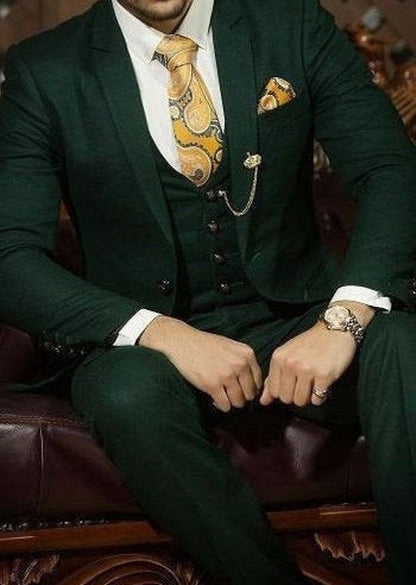 Dark Green Slim-Fit Three-Piece Suit | Peak Lapel | Custom Tailored