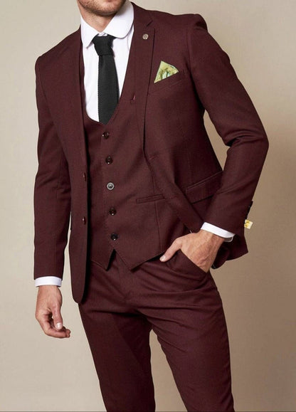 Burgundy Slim-Fit Three-Piece Suit | Notch Lapel | Custom-Tailored Elegance
