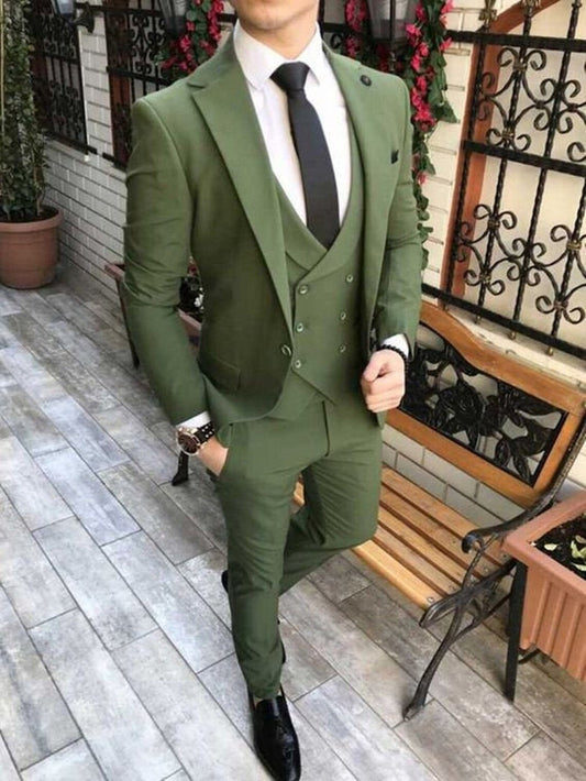Olive Green Slim Fit Three-Piece Suit with Notch Lapel and Double-Breasted Waistcoat