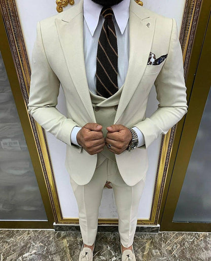 Cream Slim Fit Three-Piece Suit with Peak Lapel and Double-Breasted Waistcoat