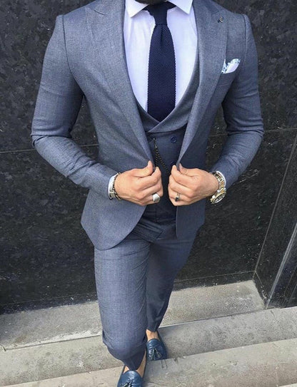 Denim Blue Slim Fit Three-Piece Suit with Peak Lapel and Double-Breasted Waistcoat
