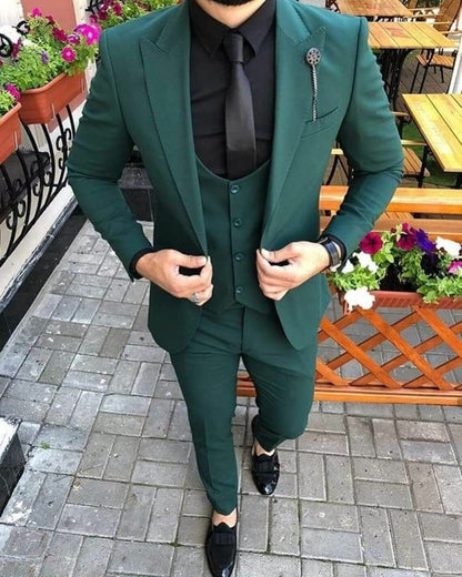 Teal Slim Fit Three-Piece Suit with Peak Lapel and U-Shaped Waistcoat