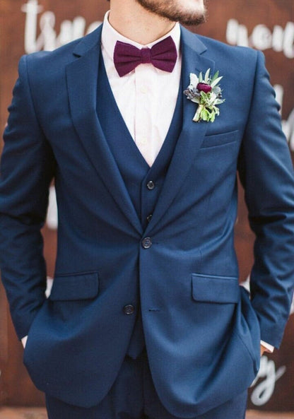 Best-Selling Navy Blue Slim Fit Three-Piece Suit with Notch Lapel and V-Shaped Vest