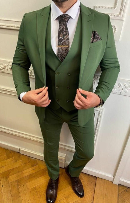 Men's Olive Green Slim Fit Three-Piece Suit with Peak Lapel - Timeless Sophistication
