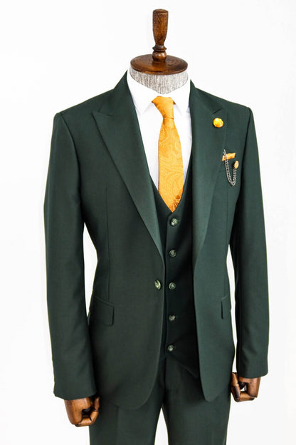 Majestic Green Slim-Fit Three-Piece Suit | Peak Lapel Perfection