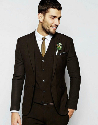 Dark Brown Slim Fit Three-Piece Suit with Peak Lapel & V-Shaped Waistcoat – Timeless Sophistication