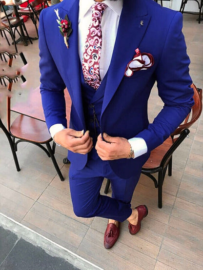 Elegant Royal Blue Slim Fit Three-Piece Suit with Peak Lapel and Double-Breasted Waistcoat