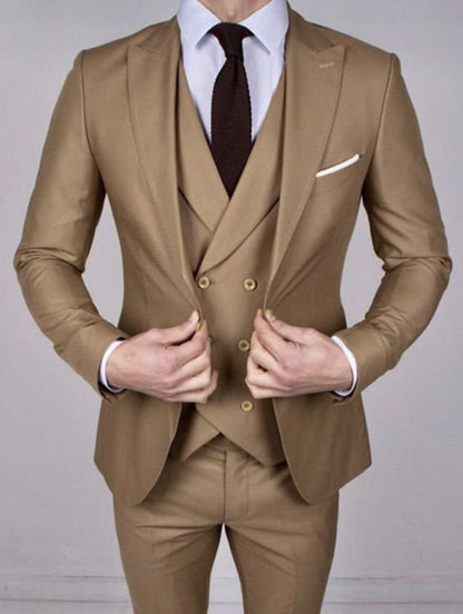 Tan Slim Fit Three-Piece Suit – Peak Lapel, Double-Breasted Waistcoat & Modern Tailoring