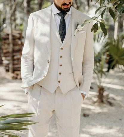 Off-White Slim Fit Three-Piece Suit with Notch Lapel and V-Shaped Waistcoat