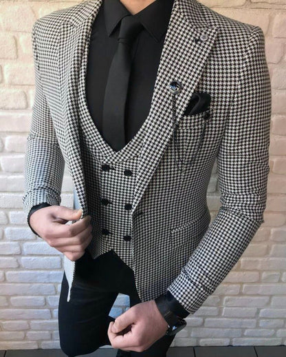 Timeless Style with Our Black & White Hounds tooth Three-Piece Suit with Peak Lapel