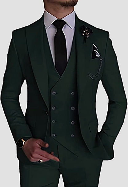 Dark Emerald Green Slim Fit Three-Piece Suit with Wide Peak Lapel and Double-Breasted Waistcoat