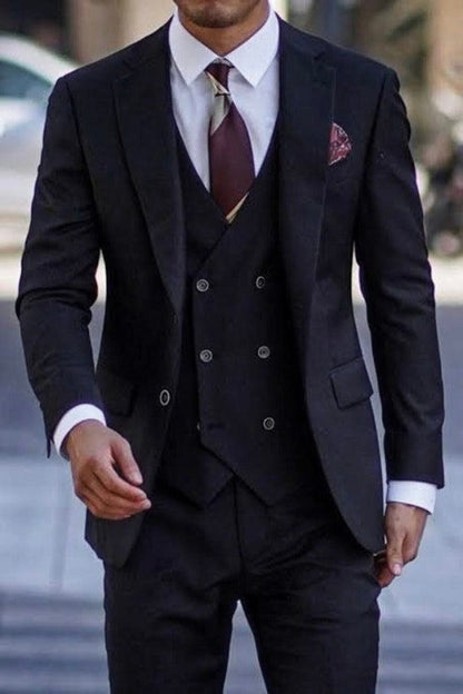Textured Black Slim Fit Three-Piece Suit with Notch Lapel – A Modern Essential for Every Gentleman