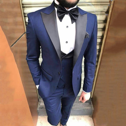 Royal Blue Slim Fit Three-Piece Suit with Black Satin Lapels for Ultimate Sophistication