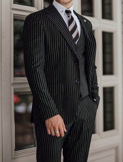 Black Pinstripe Slim Fit 3-Piece Suit – Timeless Notch Lapel, Tailored Precision, and Year-Round Versatility