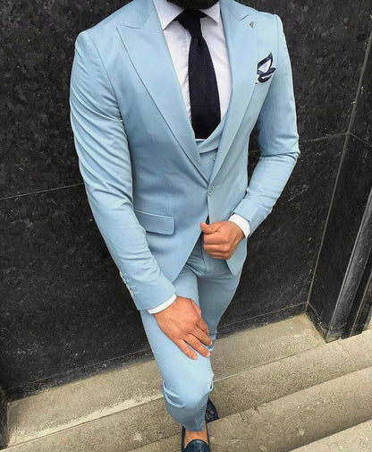 Baby Blue Slim Fit Three-Piece Suit with Peak Lapel & Double-Breasted Waistcoat