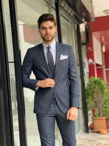 Lead Grey Slim Fit Three-Piece Suit with Peak Lapel, Double-Breasted Waistcoat, and Premium Rayon Fabric