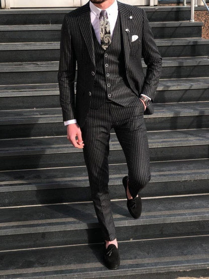 Black pinstripe three piece suit
