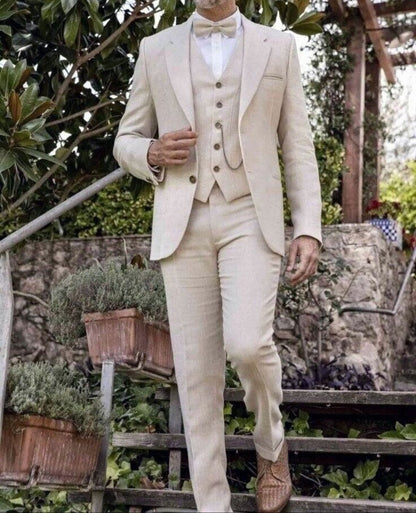 Beige Textured Slim Fit 3-Piece Suit – Timeless Notch Lapel & Tailored Elegance for Every Occasion