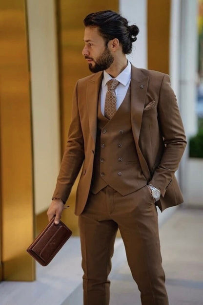 Tawny Brown Slim Fit Three-Piece Suit with Peak Lapel and Double-Breasted Waistcoat – A Statement of Modern Elegance
