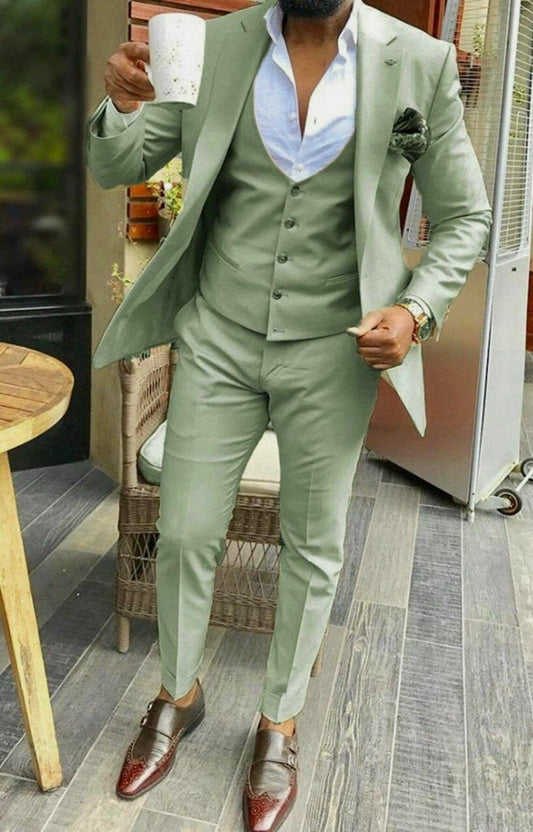 Sage Green Slim Fit Three-Piece Suit with Notch Lapel & Tailored Waistcoat – A Statement in Style