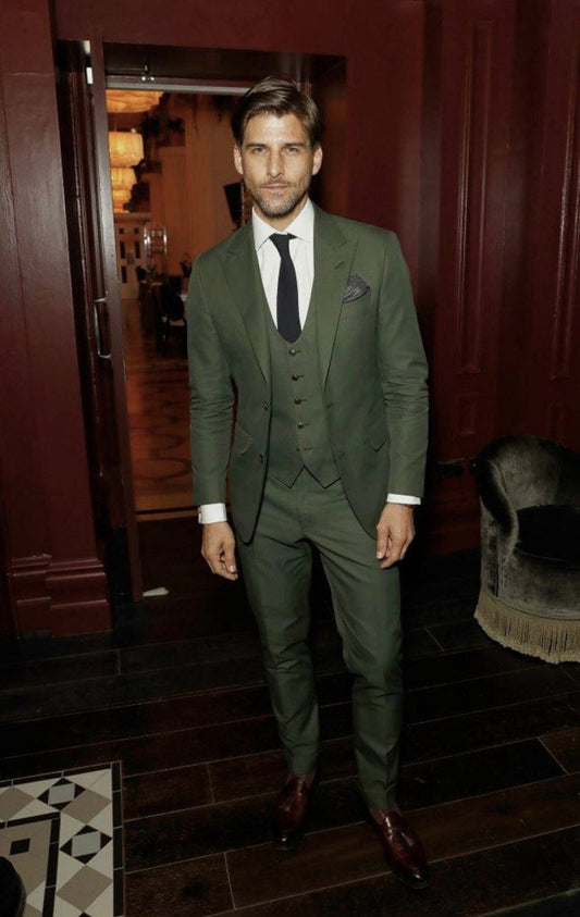 Olive Green Slim Fit Three-Piece Suit with Peak Lapel and Elegant Design