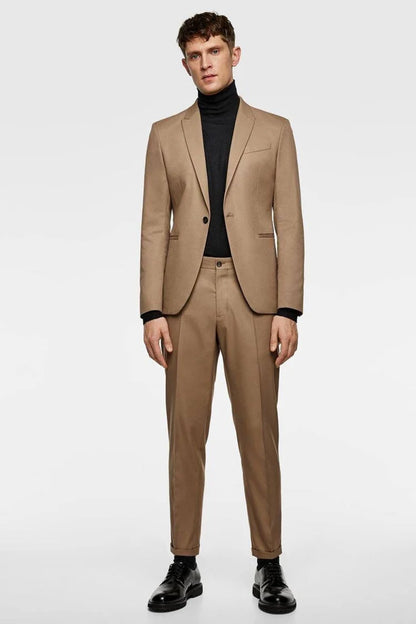 Tan Slim Fit Two-Piece Suit with Peak Lapel – Elegance for the Contemporary Gentleman